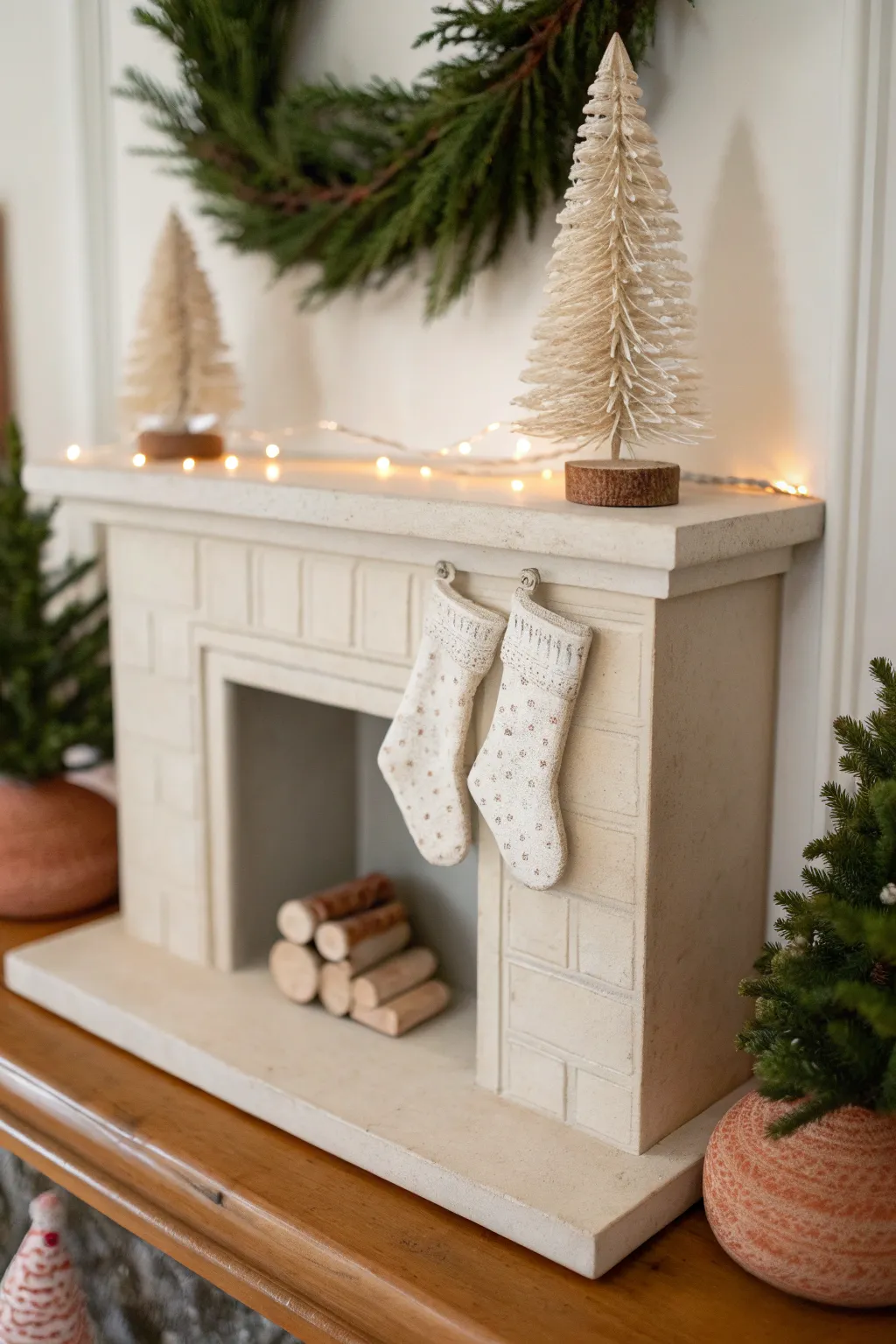 Cozy mini fireplace tile decor with tiny stockings and tree, perfect minimalist Christmas clay idea