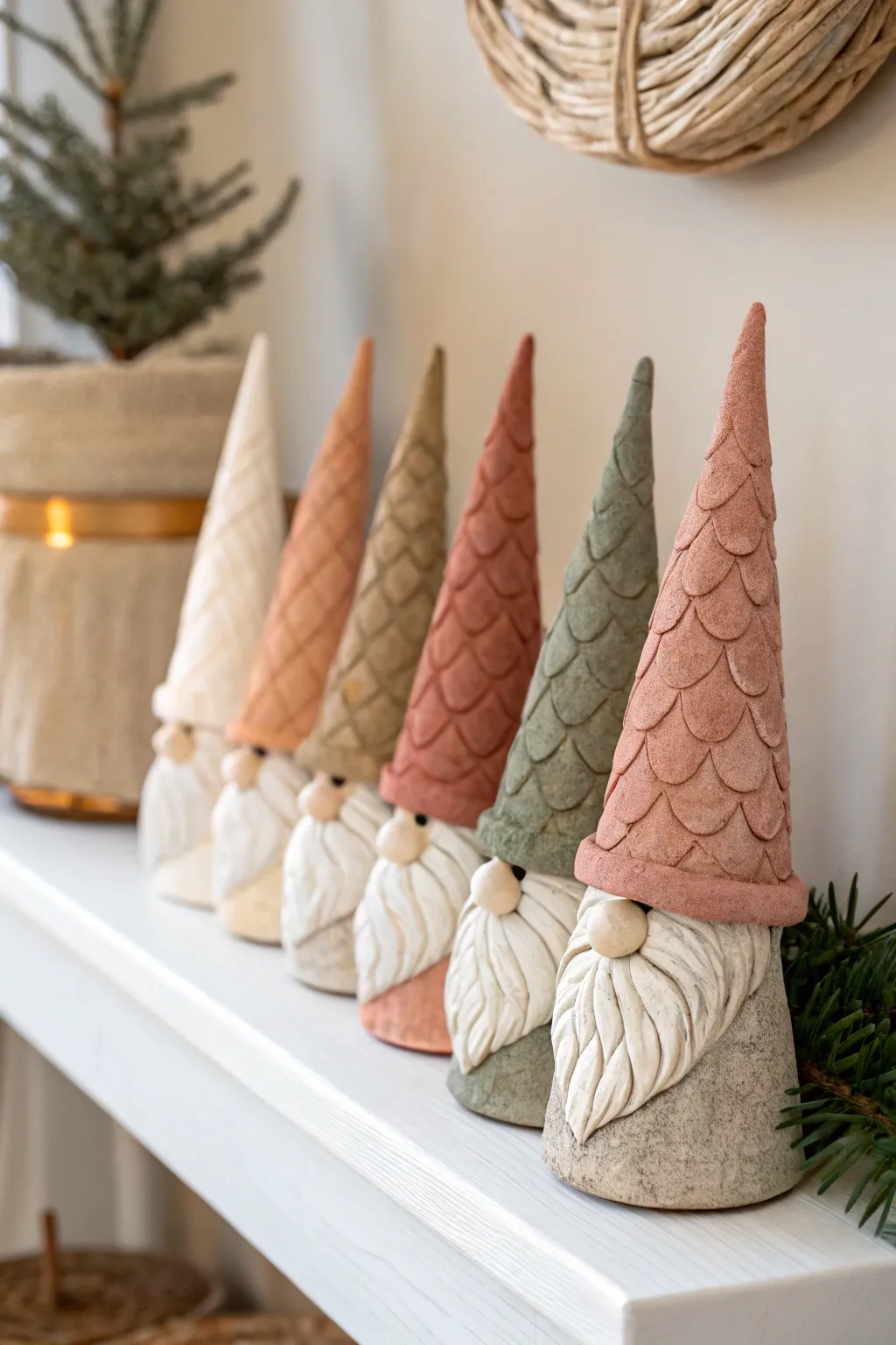 Mini clay Christmas gnomes with tall hats and fluffy beards, perfect kid-friendly holiday craft