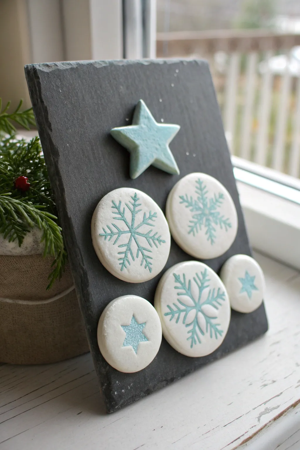 North star and snowflake clay magnets in winter whites for a calm, handmade Christmas touch.