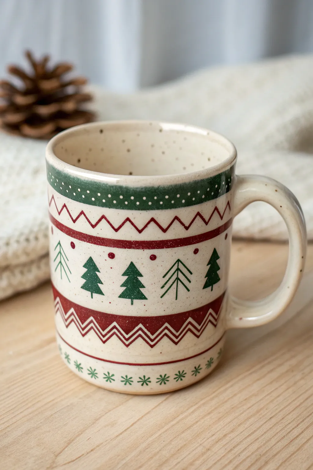 Cozy ugly-sweater band design for a festive Christmas mug, minimal, handmade, and easy to paint.