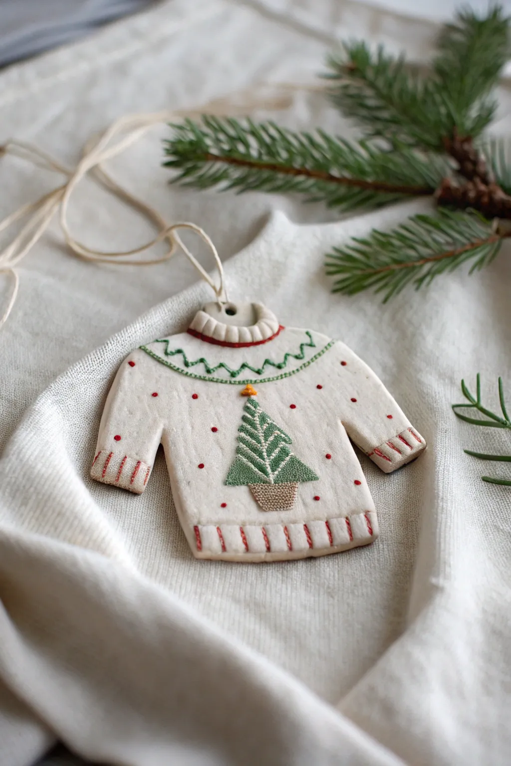 Minimalist ugly sweater clay ornament with cozy texture, soft boho styling, Nordic holiday charm