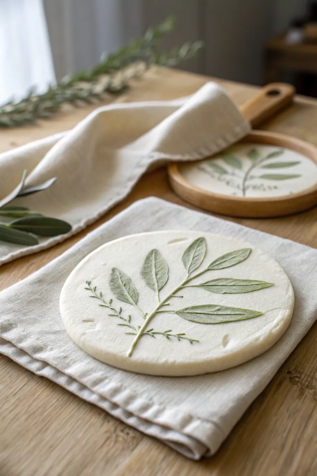 Minimal leaf-imprint clay circle medallion with soft sage wash, Scandinavian-boho tabletop styling.