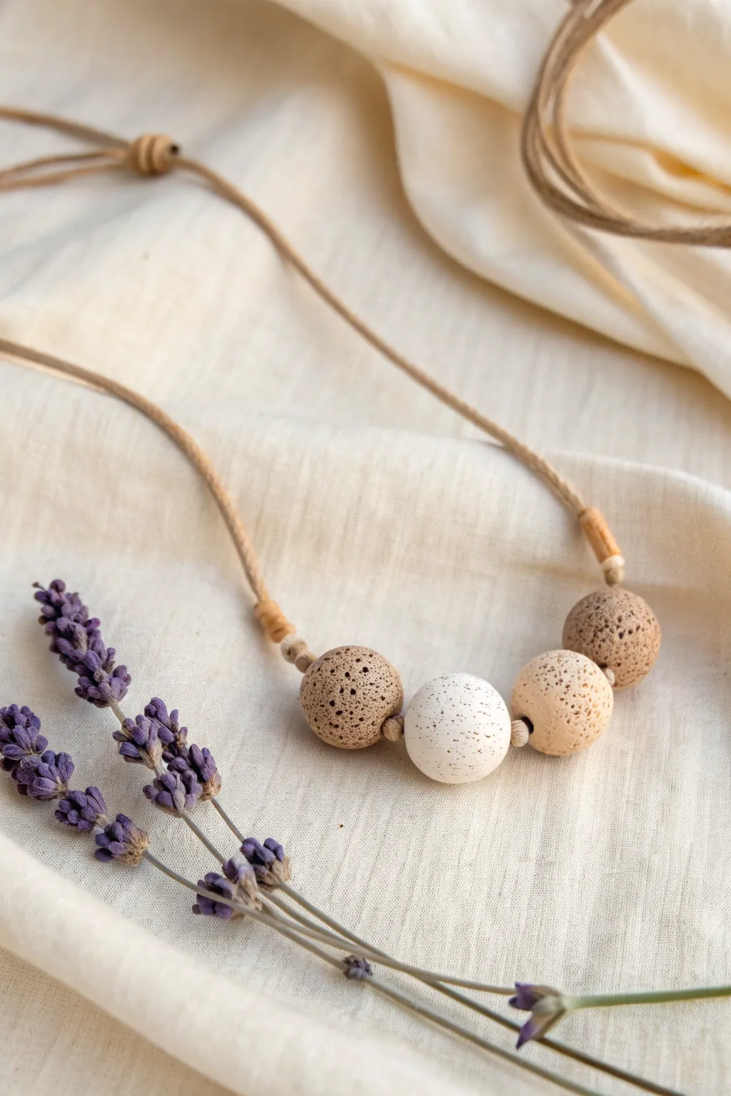 Simple clay diffuser bead necklace with dried lavender in a calm Scandinavian boho style