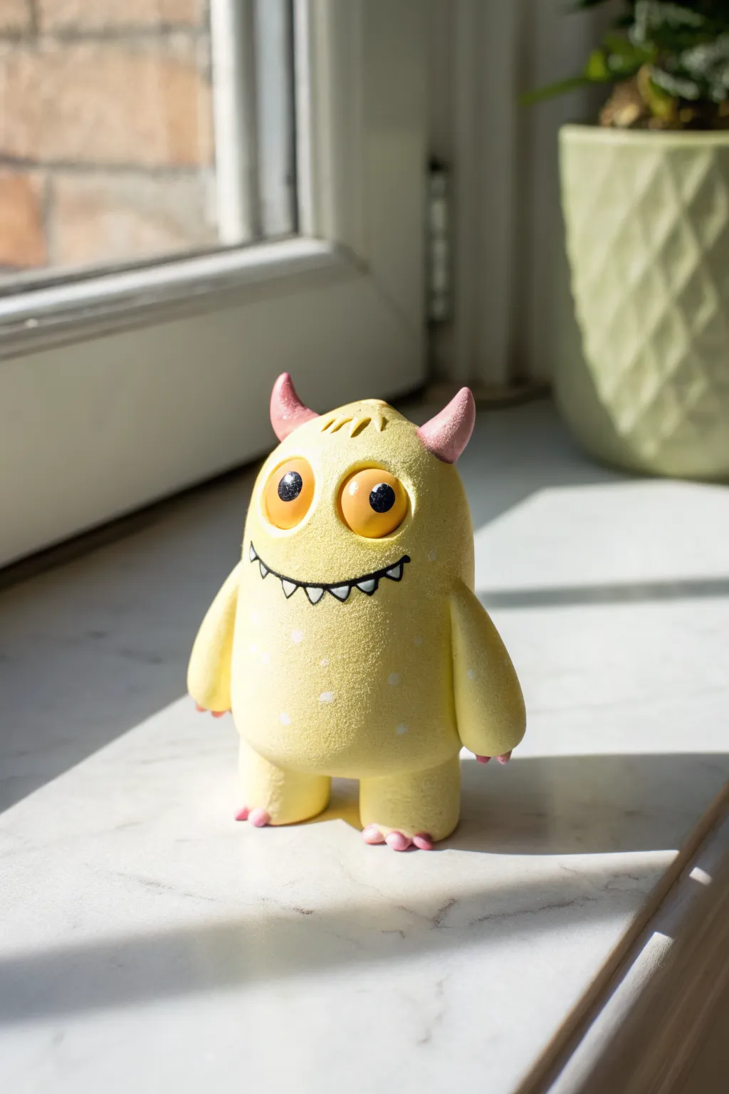 A cute clay monster with quirky eyes and a toothy grin, simple, playful, and handmade.