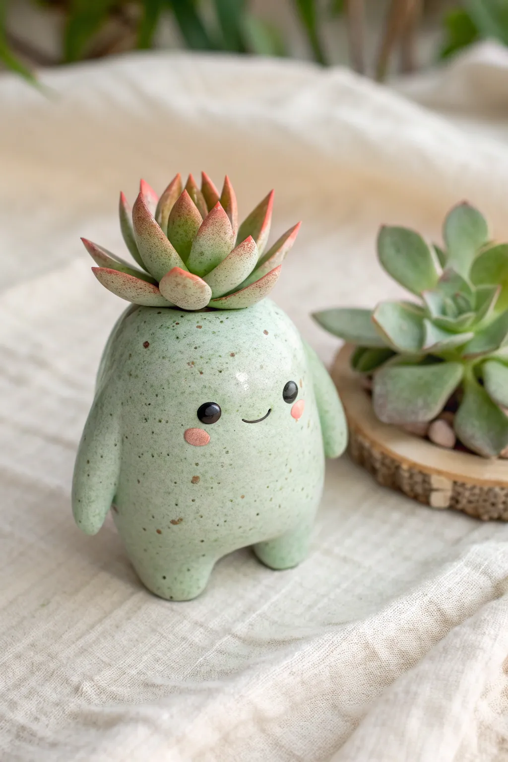 A sweet clay alien with leafy ears and a succulent spine, styled in calm Scandinavian boho tones.