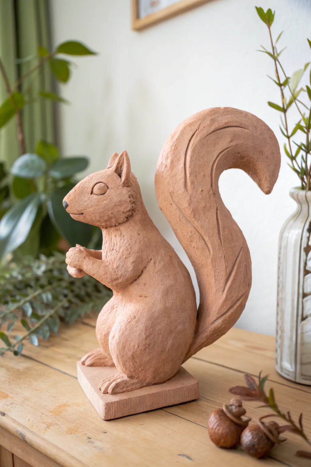 Playful clay squirrel with a big curved tail, minimalist lines, warm tones, and cozy contrast