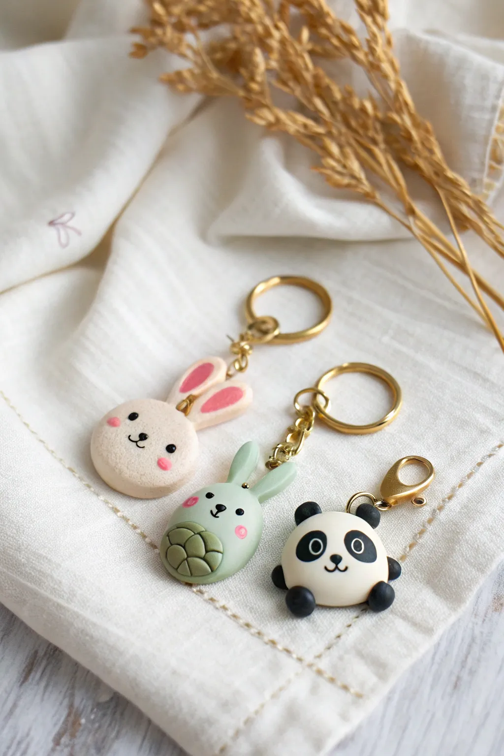 Mini clay animal charm set for keychains or jewelry, simple shapes and soft Scandinavian tones.