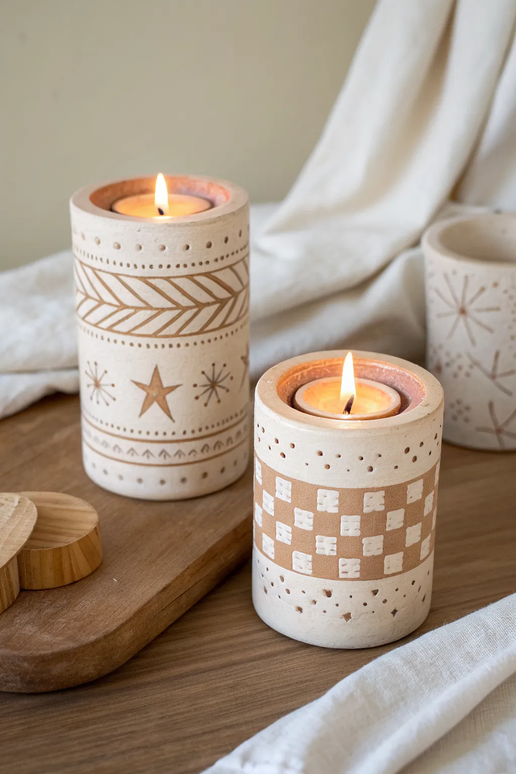 Two carved clay candle holders glowing warmly, a simple DIY date-night pottery idea