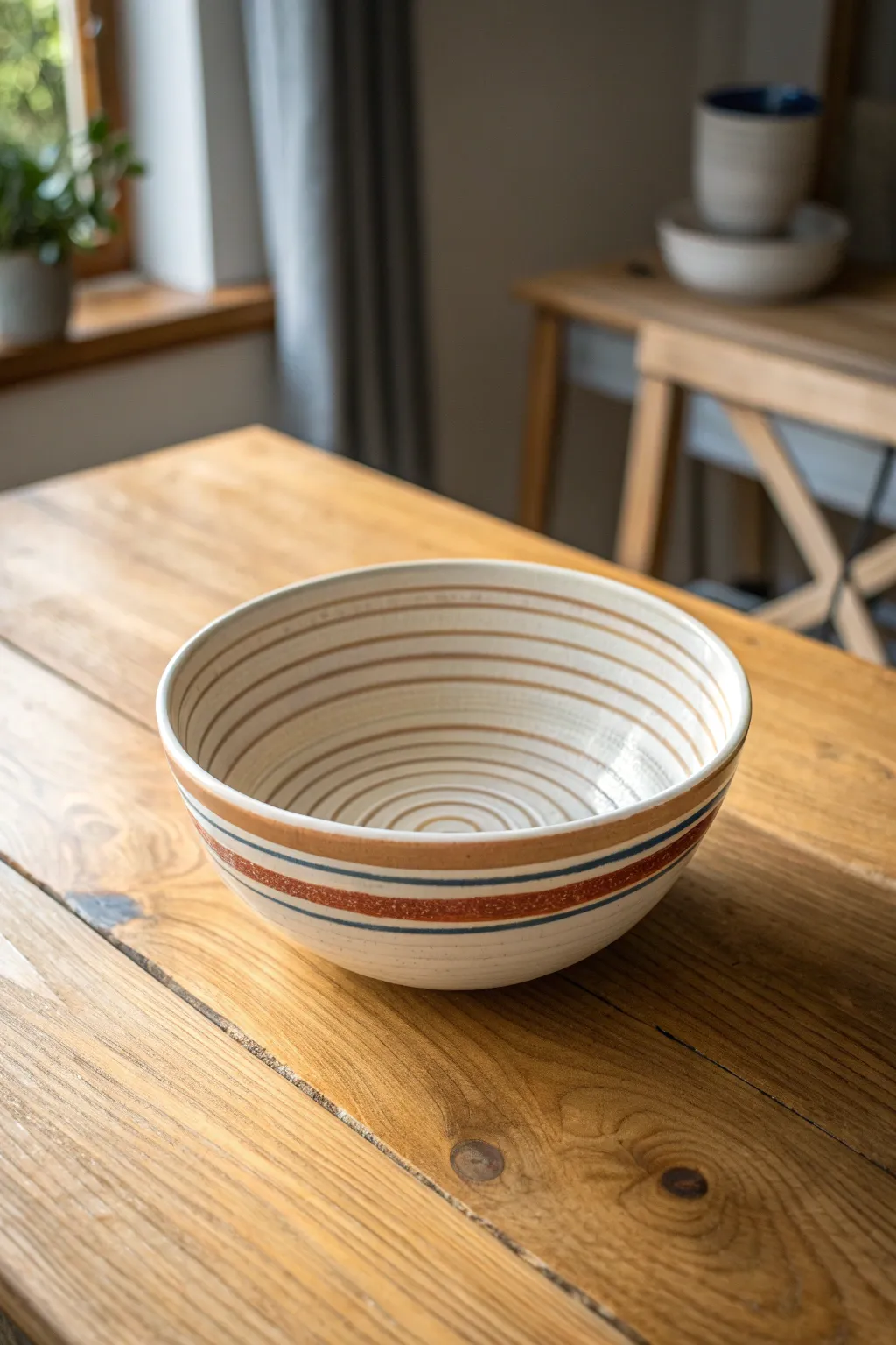 Minimal coil bowl with graphic stripes, warm wood styling, and soft light for modern clay decor