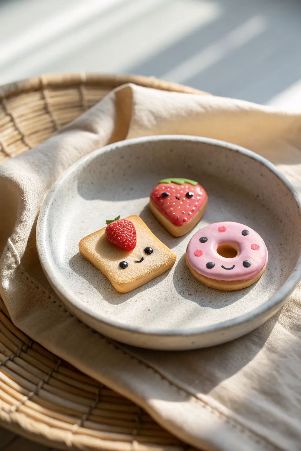 Kawaii clay food charms on a minimalist dish: toast, strawberry, donut with tiny blushing faces.