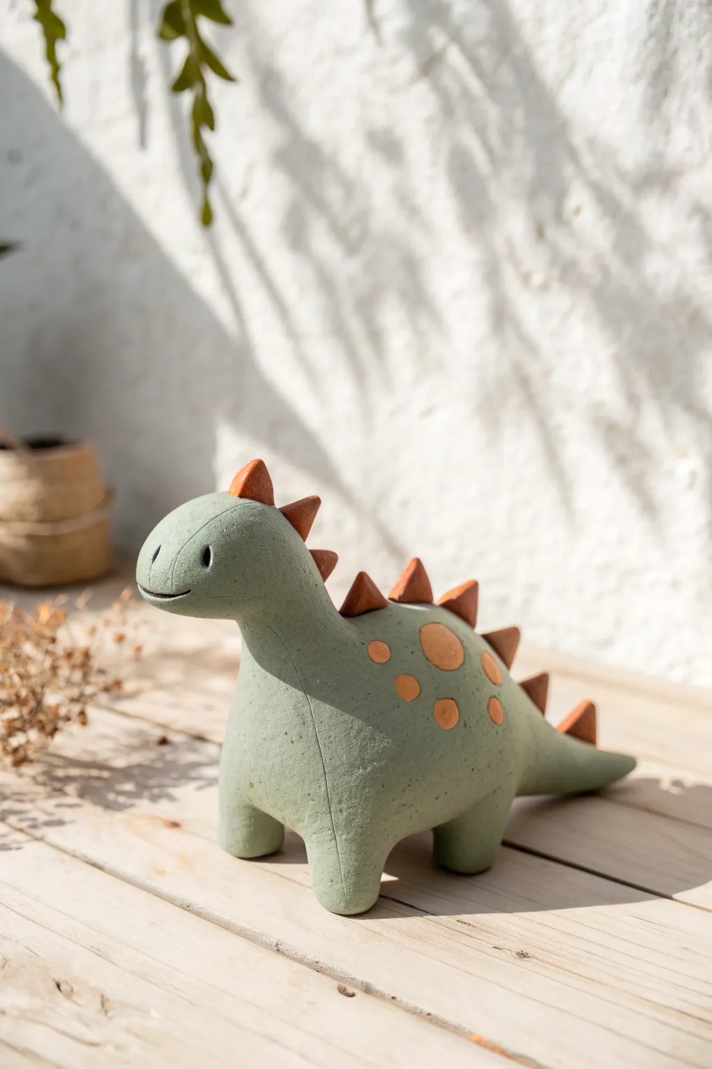 Chunky clay dinosaur with simple spikes and a contrasting belly, cute and beginner-friendly.