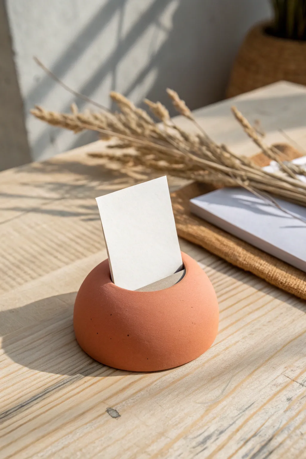 Mini clay card holder in soft neutral tones, styled simply for photos, notes, or place cards.