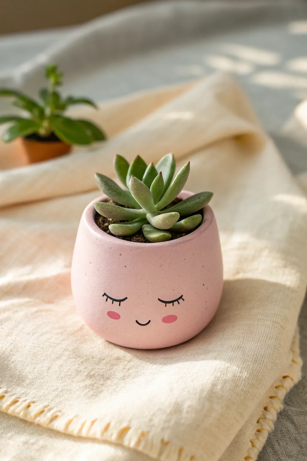 Tiny sleepy-face clay pot with a mini succulent, pastel and cozy for cute clay art inspiration.