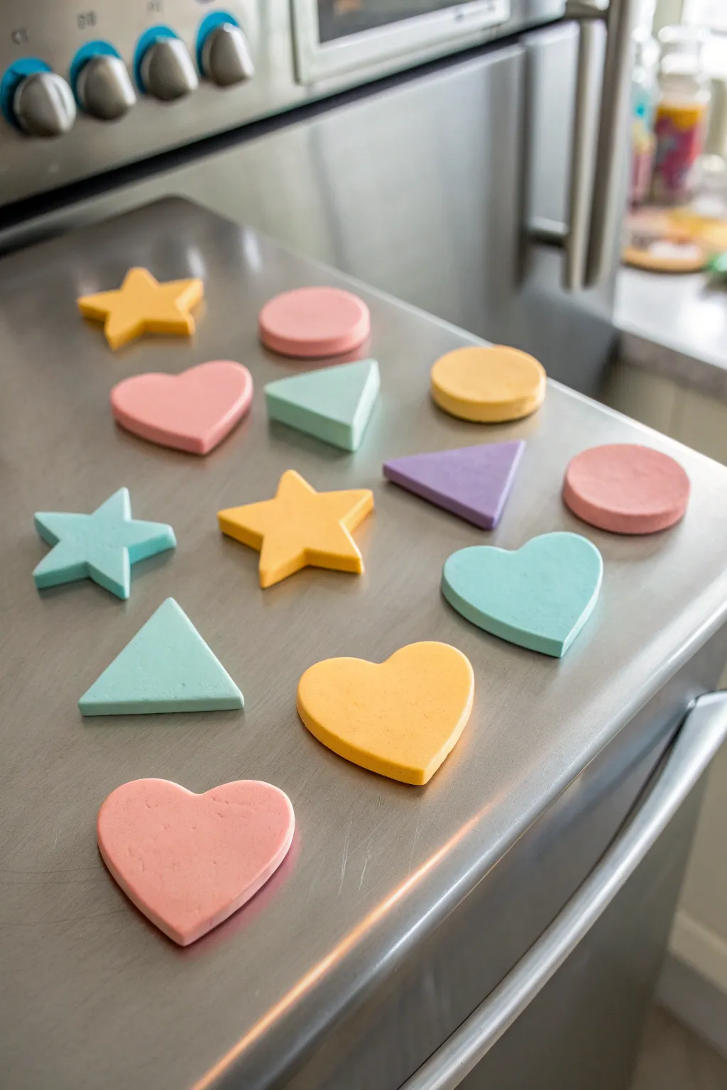 Easy kid friendly clay shape magnets in bright colors, styled minimal on brushed metal.
