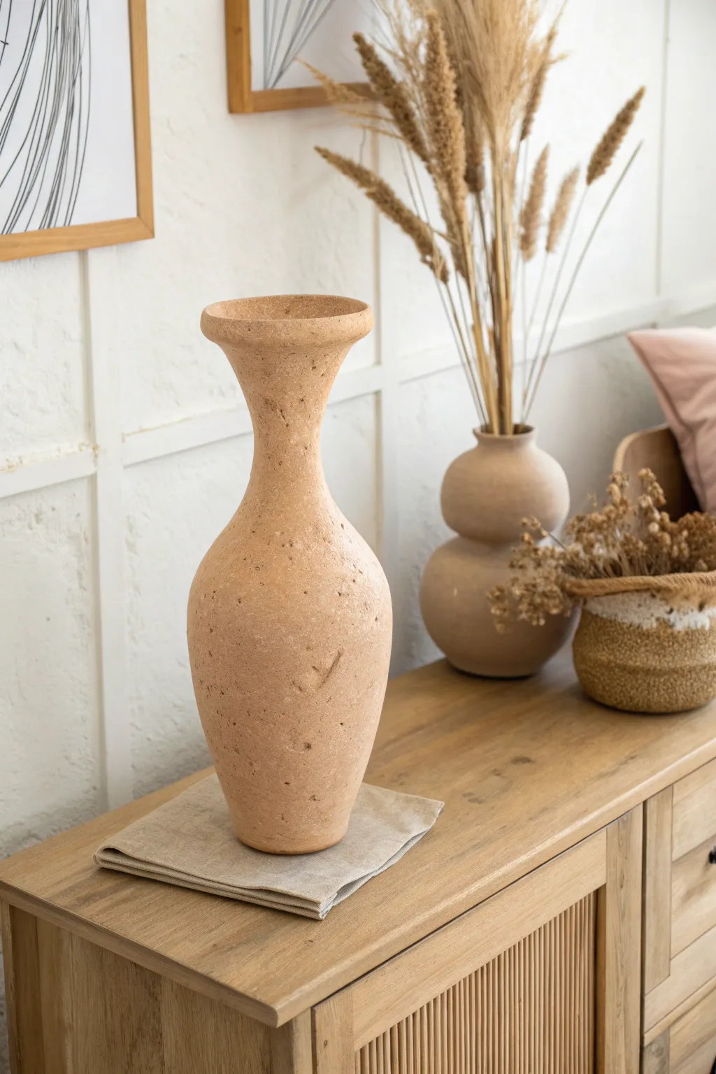 Curvy body-inspired vase in matte earth tones, styled simply with dried stems and soft light.