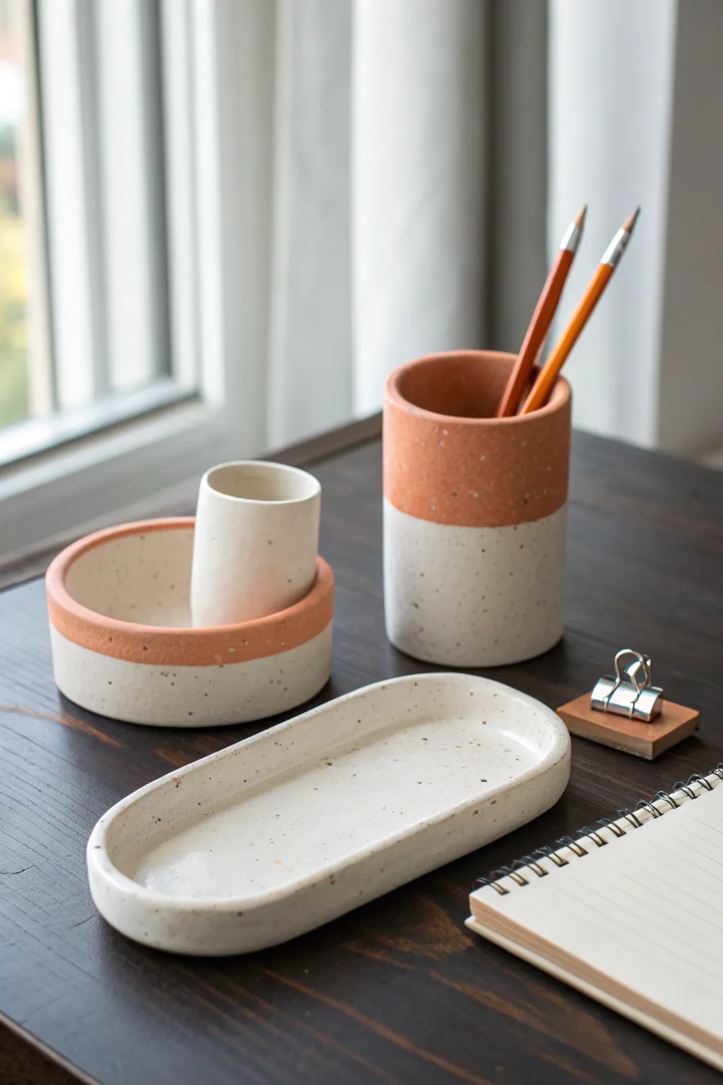 Minimal clay desk catchall set in earthy tones, a simple DIY organizer for calm workspaces.