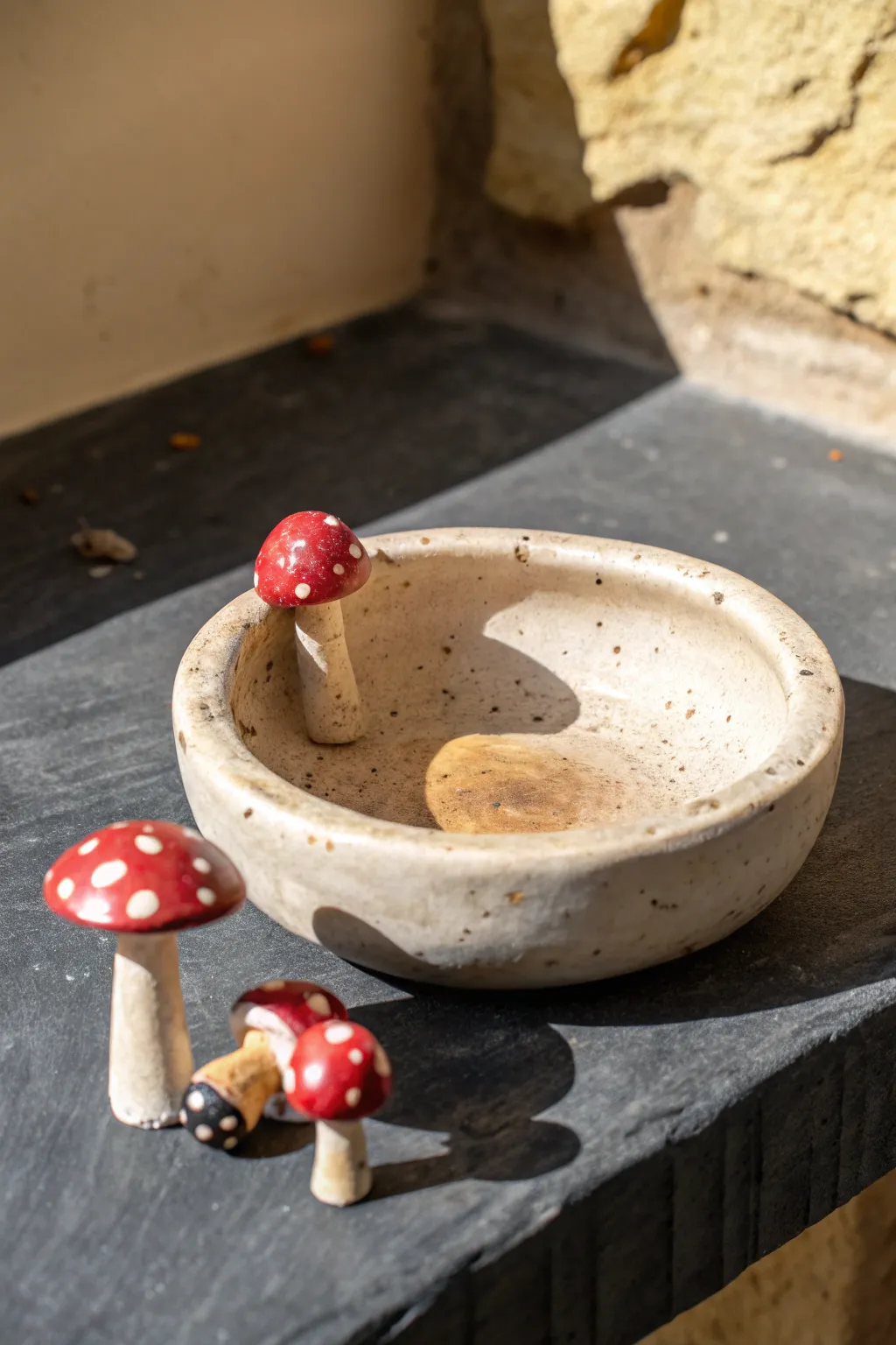Whimsical mushroom forest clay ashtray, earthy reds and creams, minimalist boho charm.