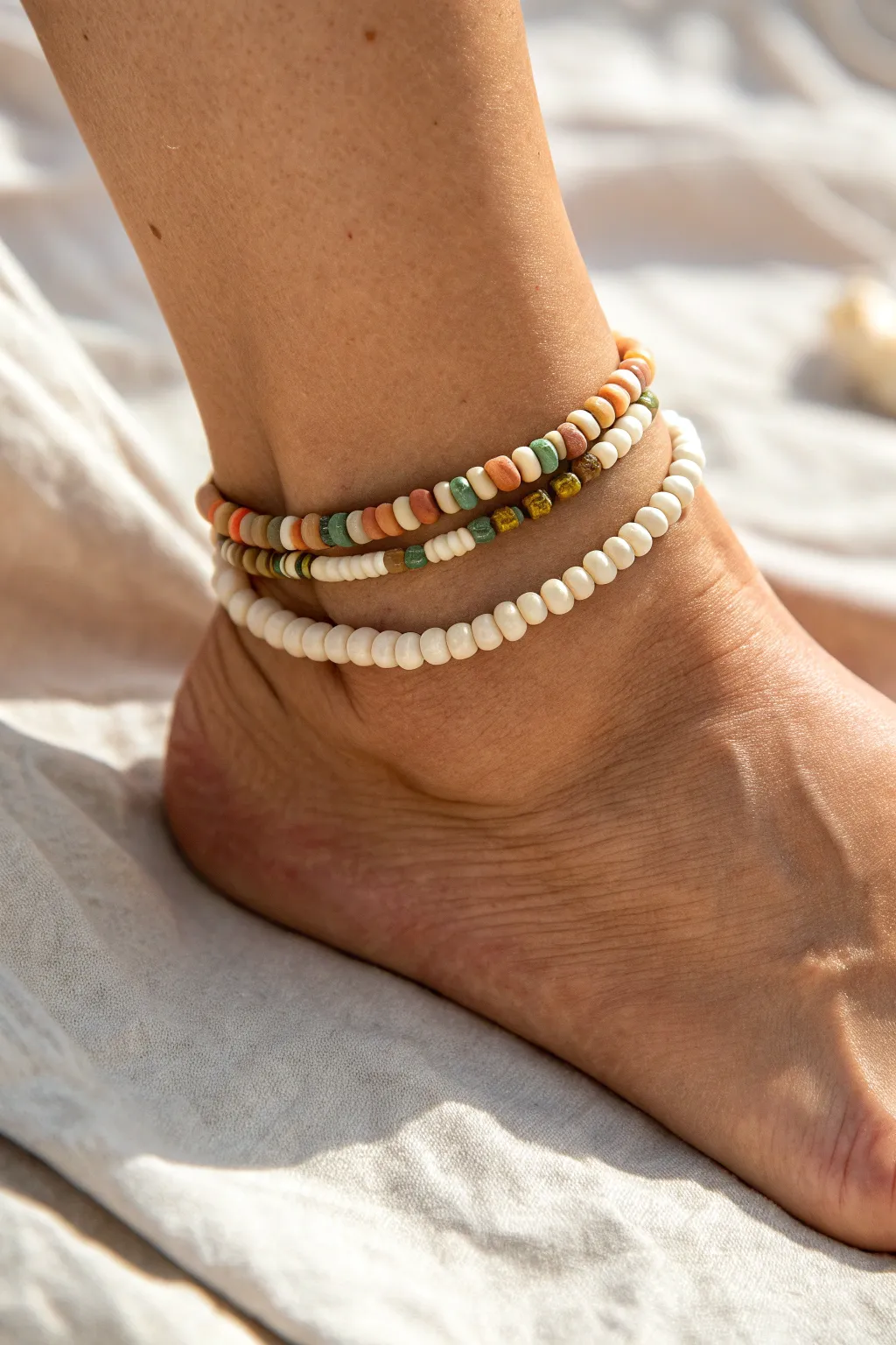 Double-strand clay bead anklets stacked for an effortless boho-minimal beachy finish.