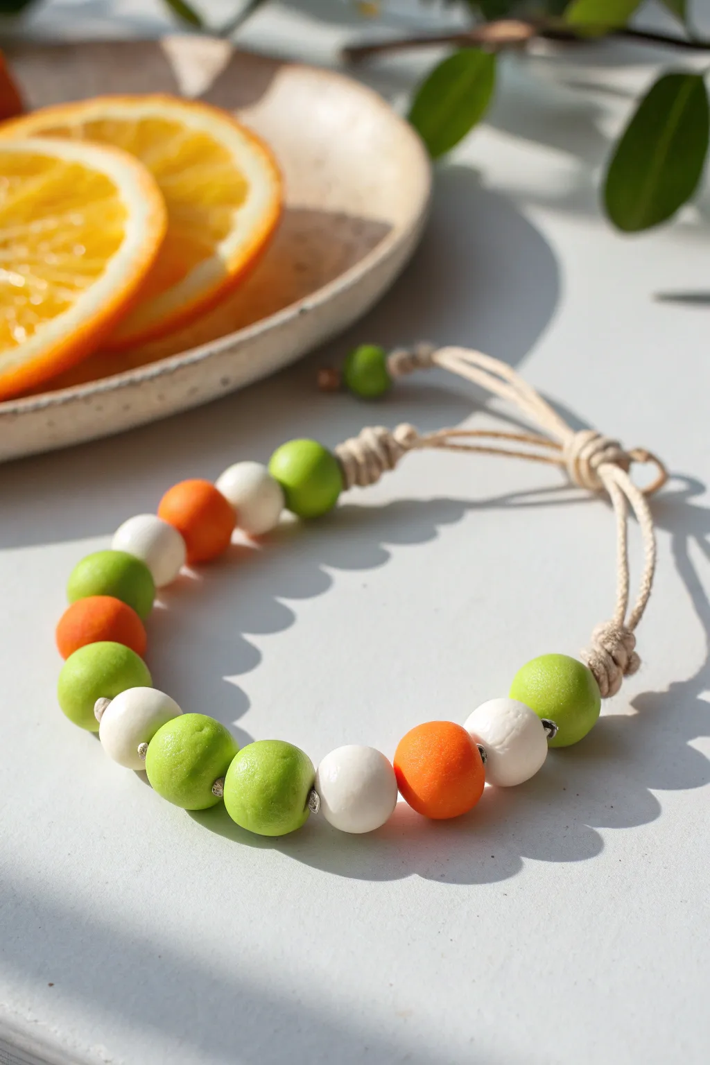 Citrus and lime brights: a punchy clay bead bracelet in lime, orange, and white