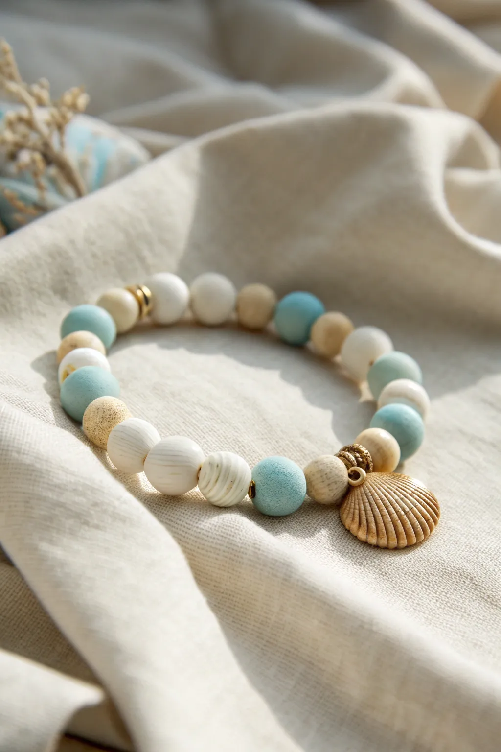 Shell-accent clay bead bracelet in a soft beach palette, styled on linen for coastal calm