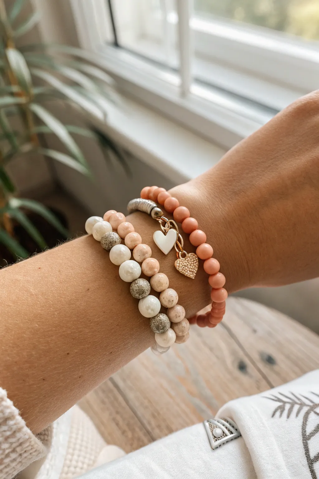 Double-dangle heart clay bracelet stack in soft neutrals, balanced for an effortless boho look