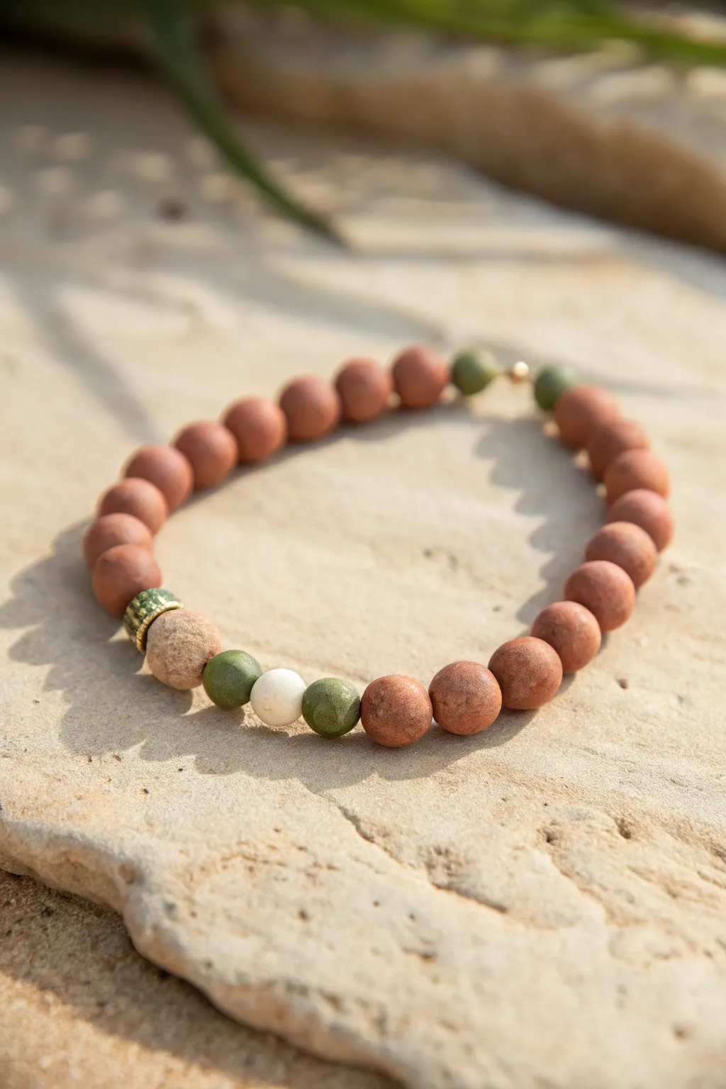 Earthy boho bracelet in terracotta, clay pink, and olive for a soft minimalist vibe.