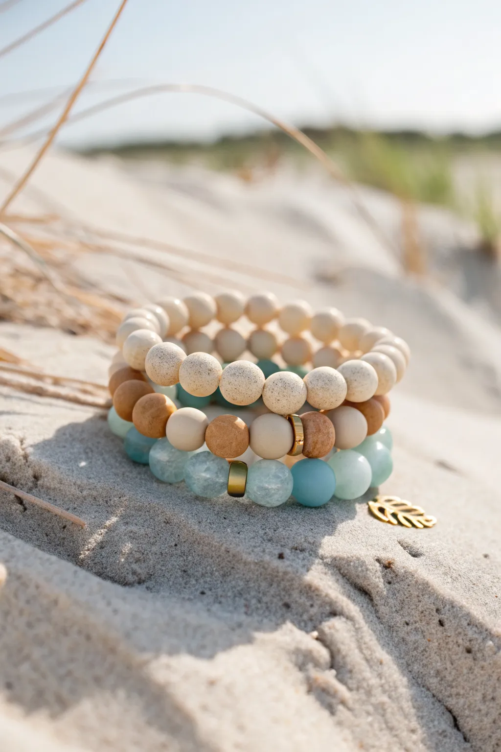 Sand-and-sea clay bead bracelet stack in soft neutrals with tiny gold accents for summer
