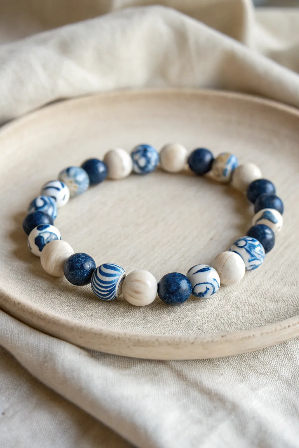 Blue marble swirl and solid blue clay beads for a minimalist bracelet with soft boho charm