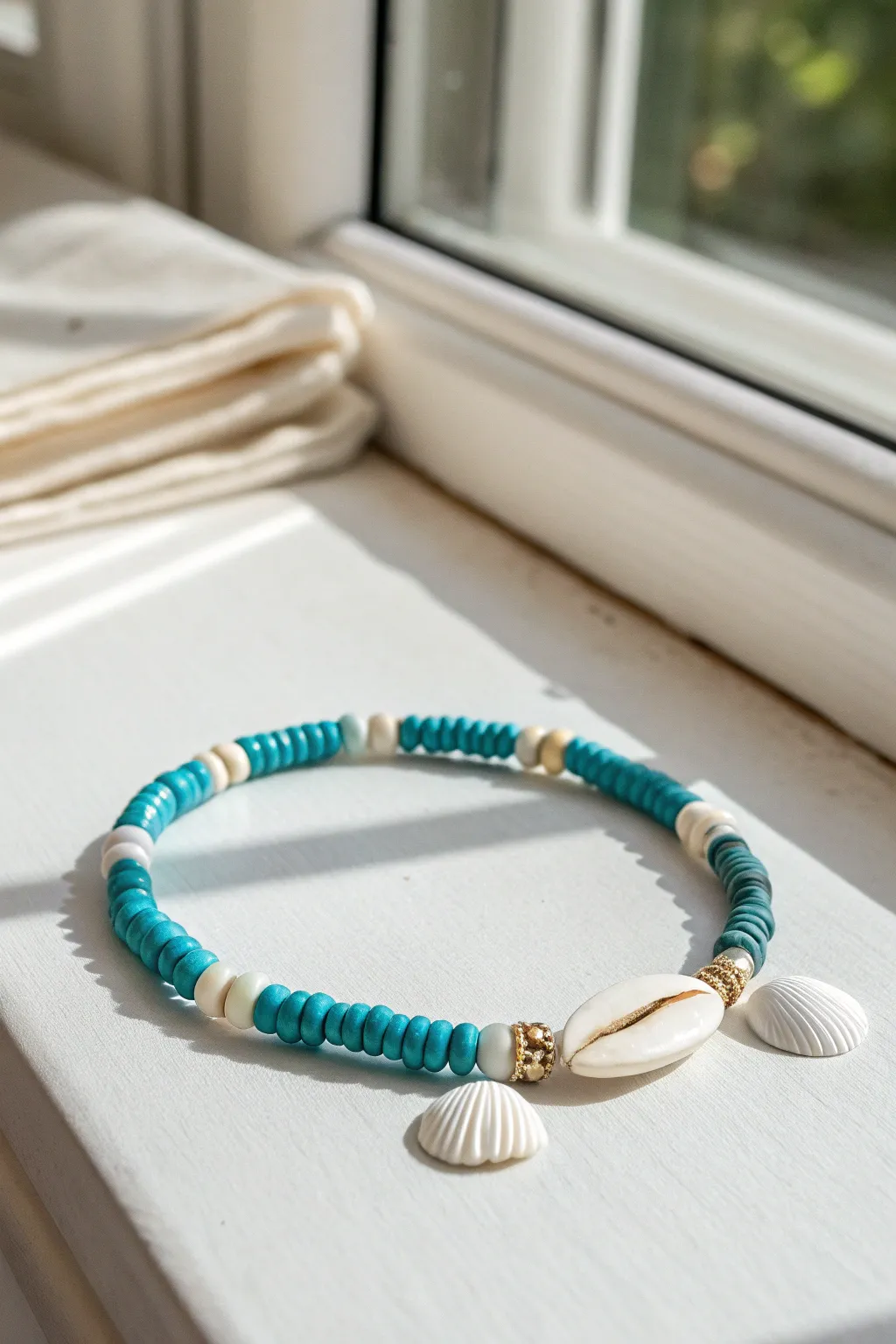 Ocean-blue heishi bracelet with a simple shell centerpiece, airy and minimalist beach vibes.