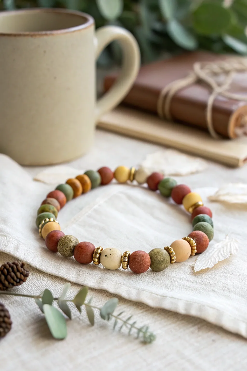 Boho earth-tone clay bead bracelet in terracotta, olive, mustard, and cream with cozy handmade vibes.