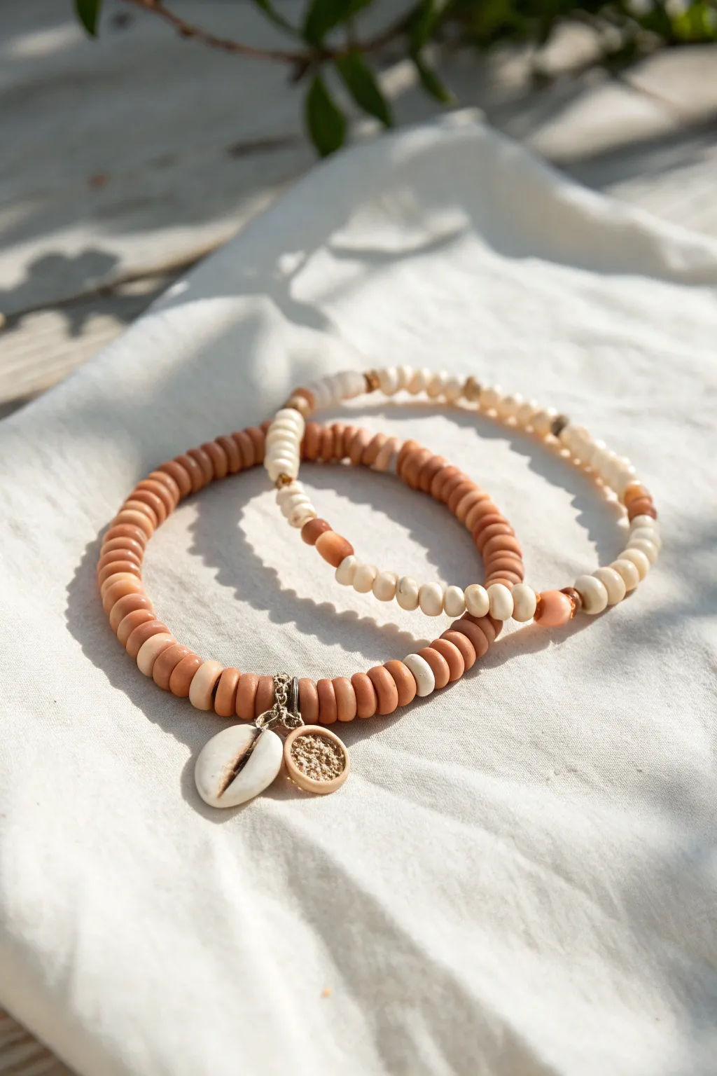 Shell-and-clay beach bestie bracelets in soft neutrals for a simple, summery handmade look