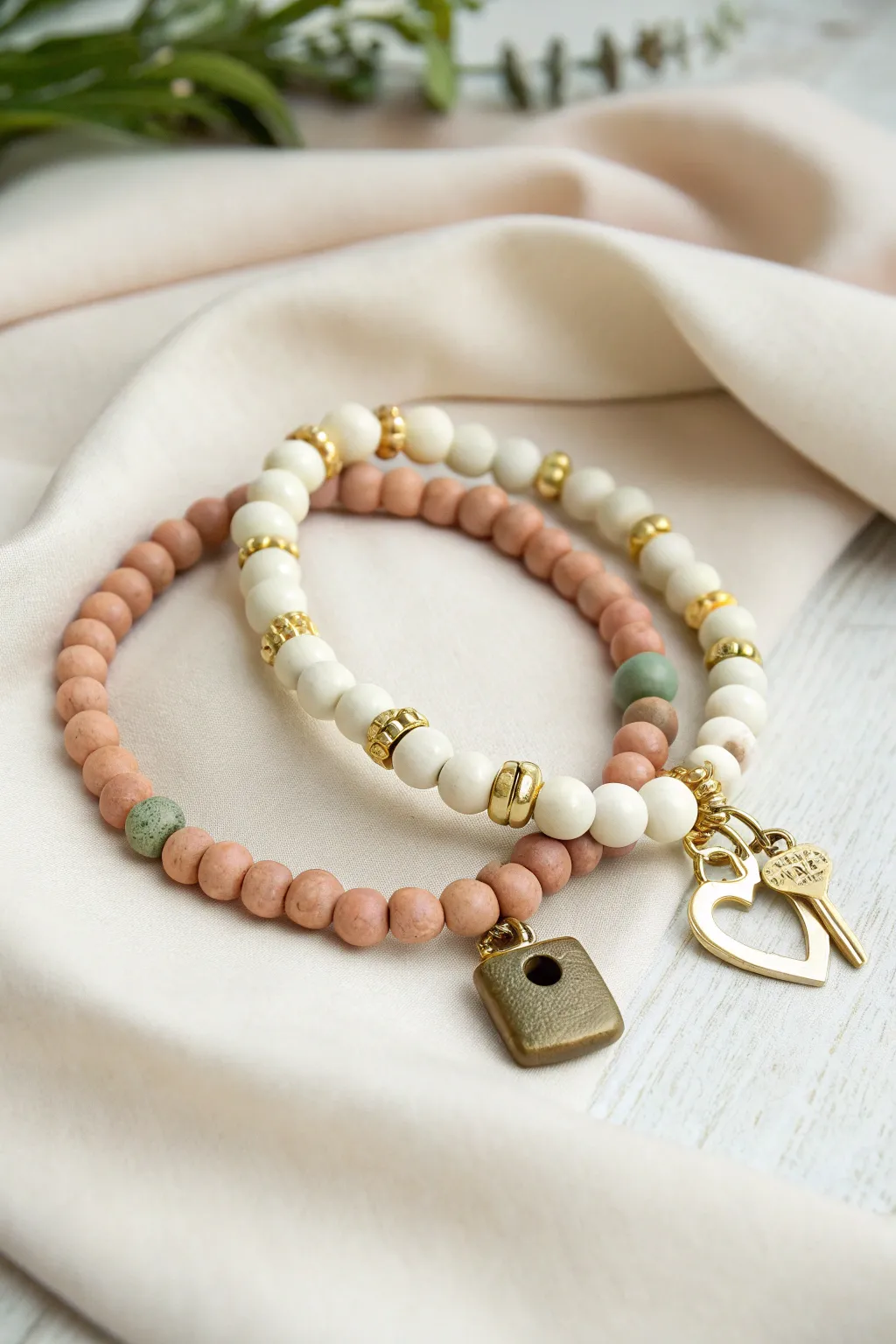 Minimalist lock and key clay bead bracelets in soft neutrals, a sweet matching set for two.
