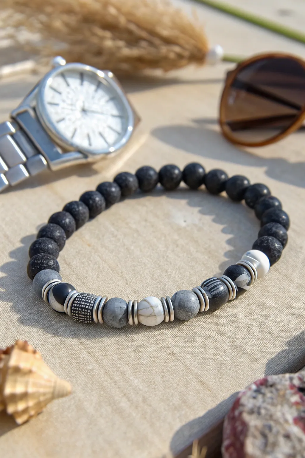Minimalist black and gray marbled clay heishi bracelet, styled beside a sleek steel watch band.