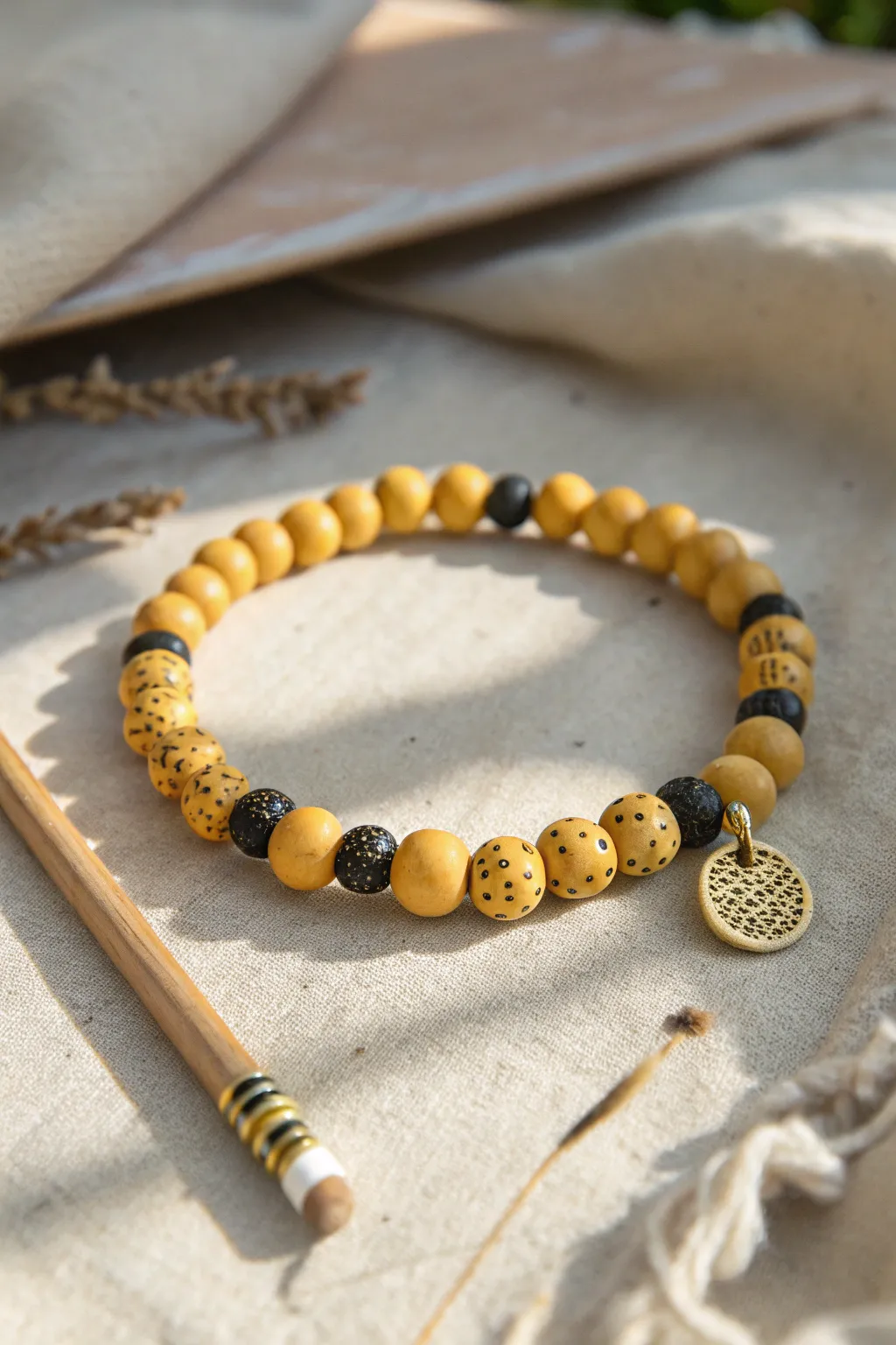 Ruler tick inspired clay bead bracelet in warm ochre with black spacers, perfect for teachers