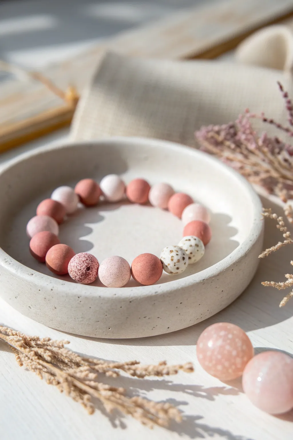 Creamy blush clay bead bracelet with strawberry milk speckles, styled simply on a white dish.