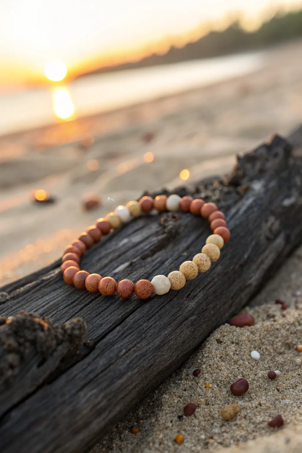 Warm beach bonfire bracelet in terracotta and amber tones, simple, sunlit, handmade charm.