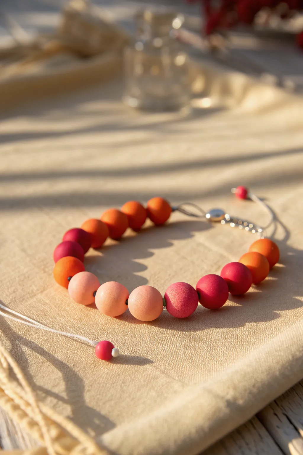 Sunset ombre clay bead bracelet in hot pink to tangerine, perfect for summer stacking.