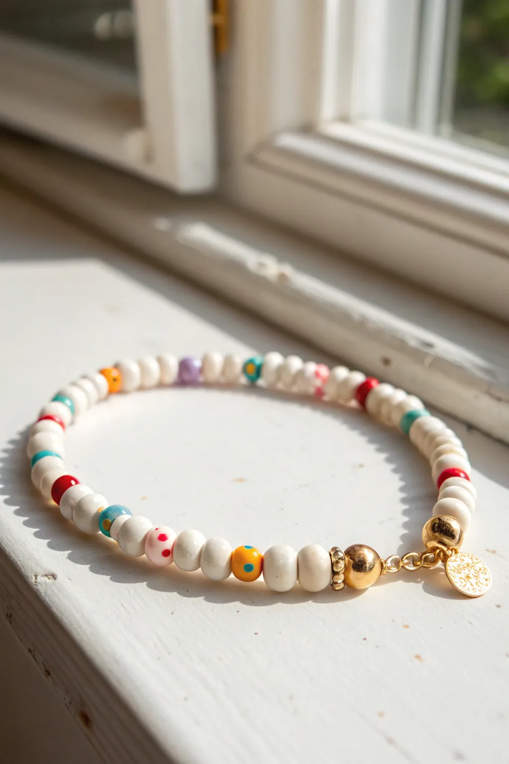 Mini sprinkle-style clay bead bracelet: mostly white with bright confetti pops, clean and sellable.