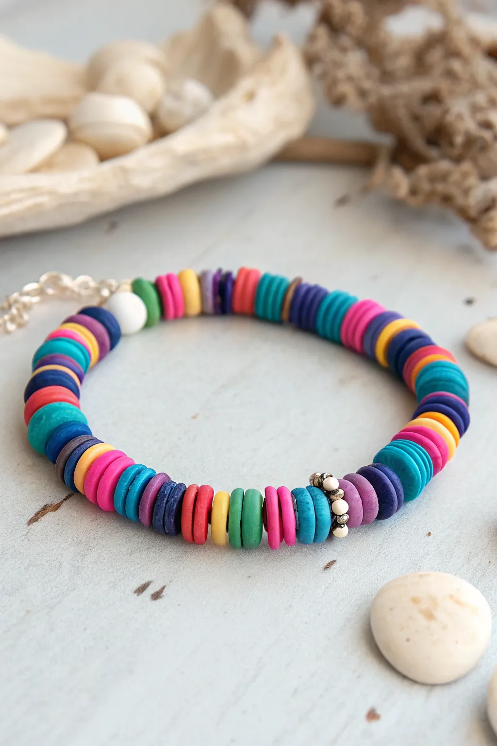 Saturated confetti clay bead bracelet with zero neutrals for a bold, joyful stack