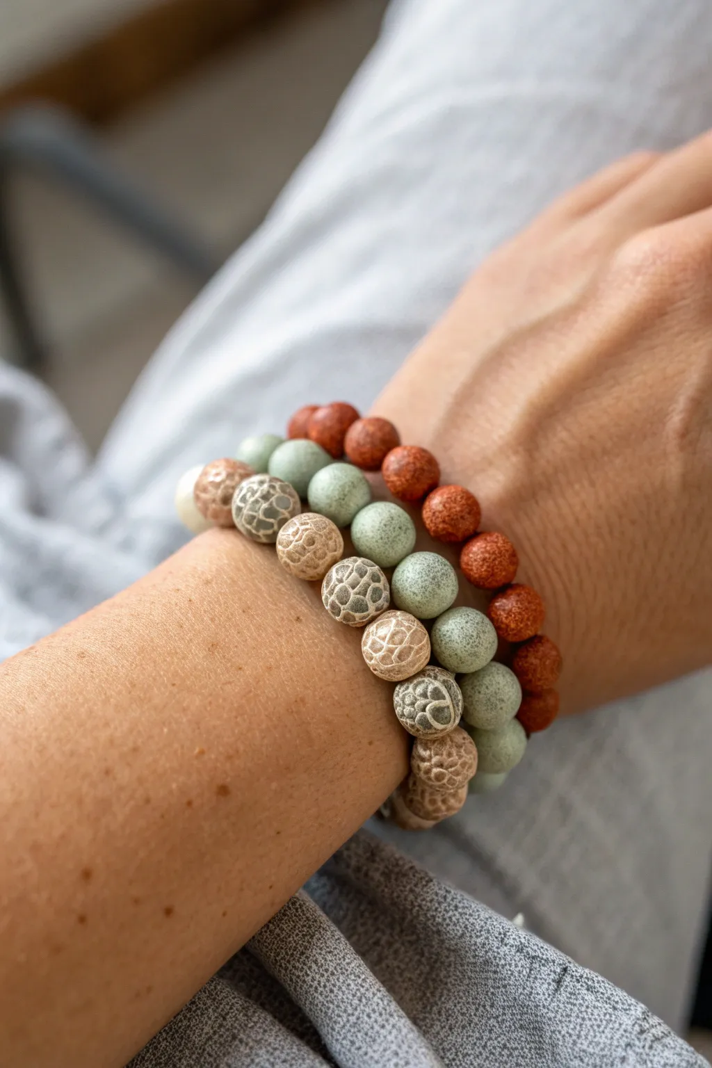 Focal bead highlight stack in earthy clay tones, simple solids framing patterned statement beads