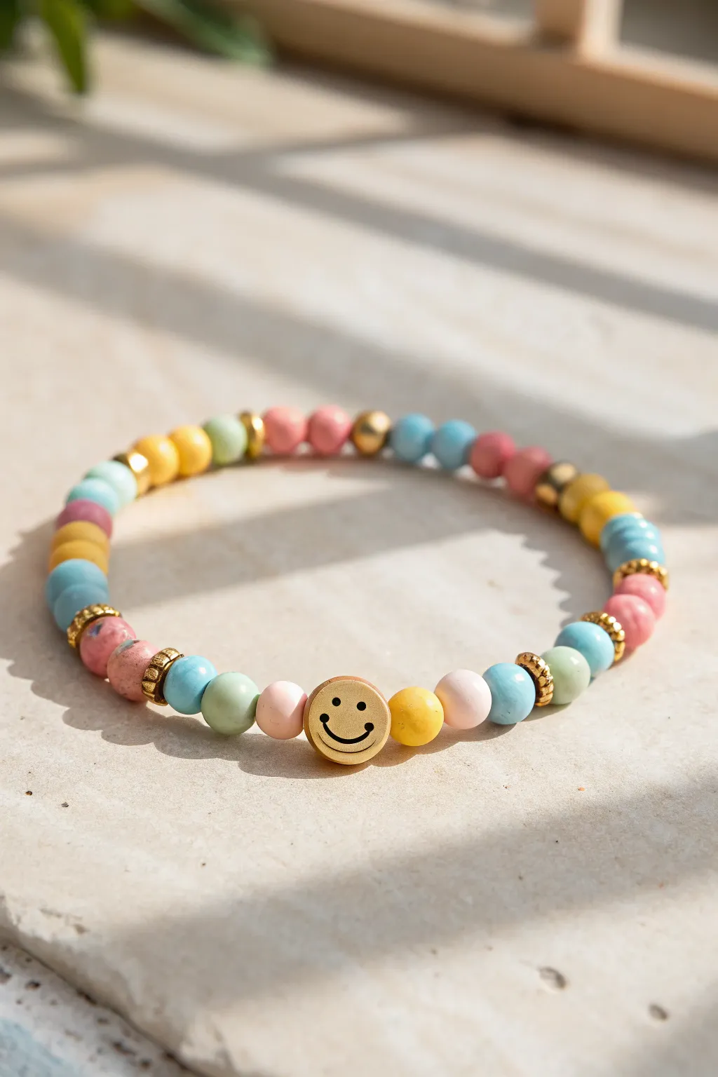 Smiley pop clay bead bracelet with bright heishi beads and subtle gold spacers, clean and playful
