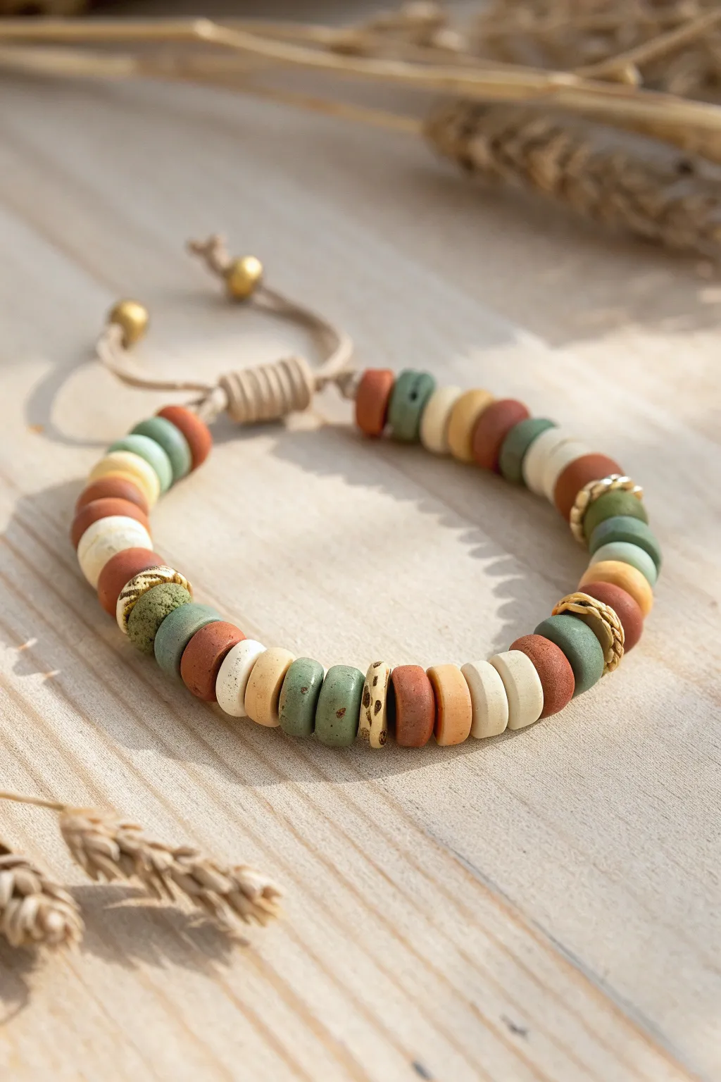 Earthy clay disc bracelet in terracotta, sage, mustard, and cream on soft linen.