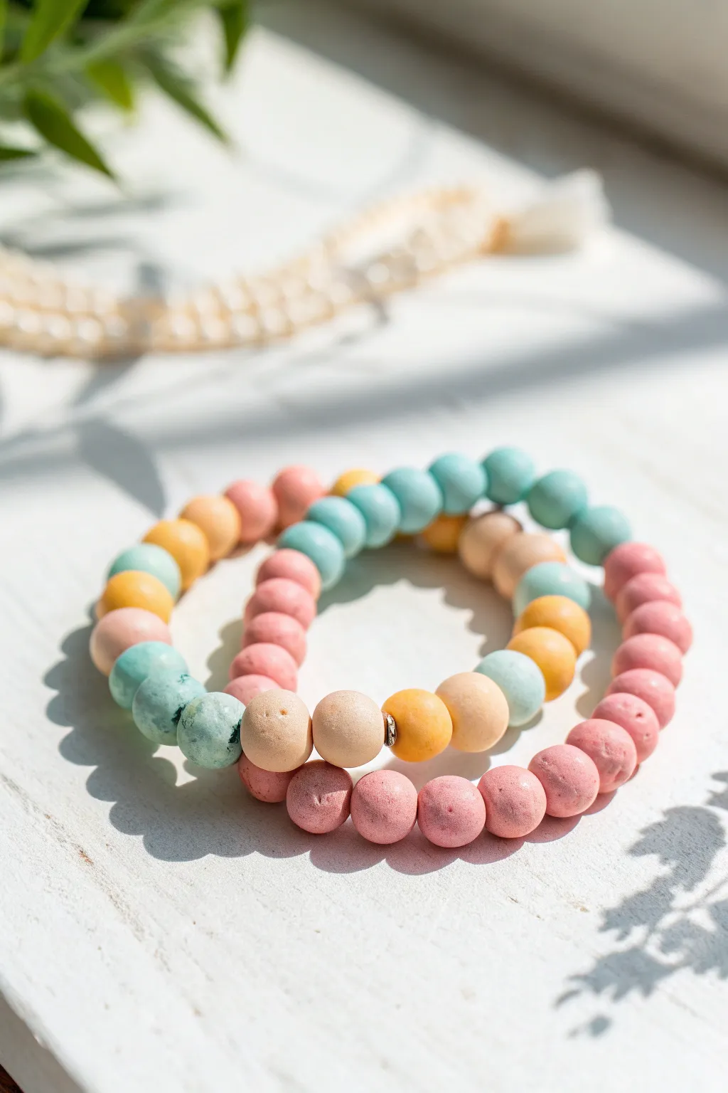 Retro Sorbet Mix clay bead bracelets in peach, aqua, butter yellow, and soft pink, fresh and fun.