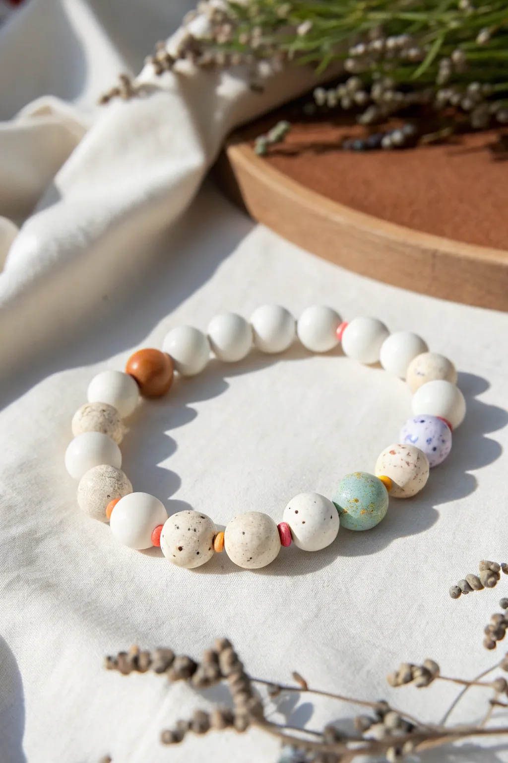White clay bead bracelet with playful confetti pops for a clean, modern, boho look.