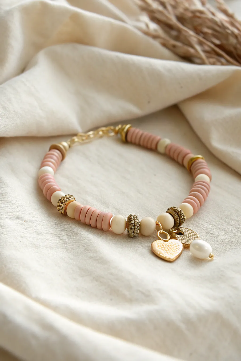 Cute clay bead bracelet with a simple charm cluster focal point and soft minimalist styling