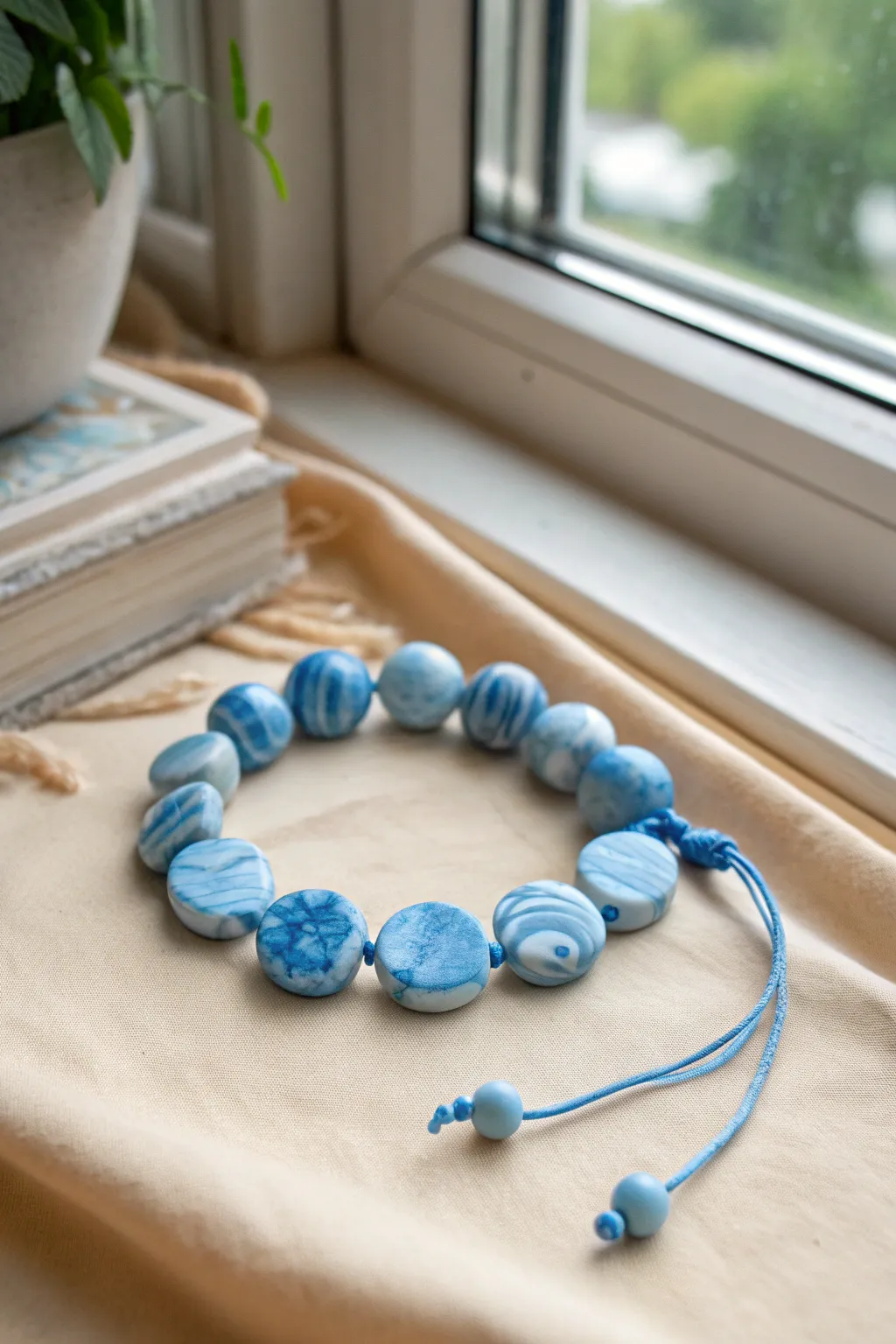 Blue tie-dye disc bracelet with solid blue accents, a minimalist boho pop of color.