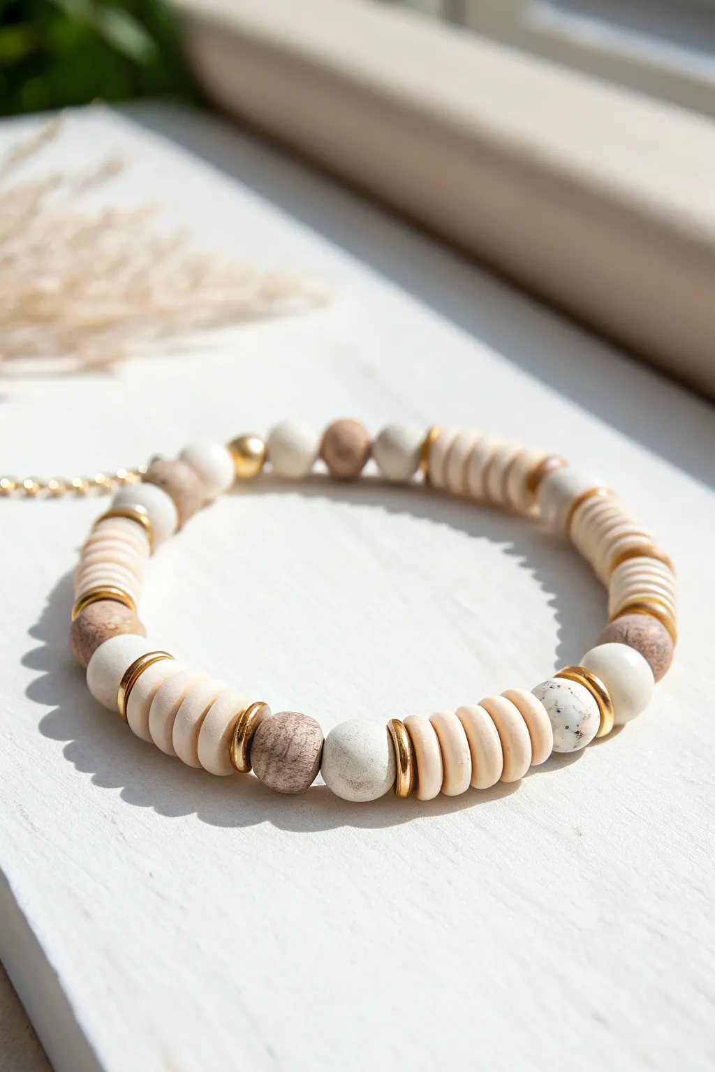 Minimalist bracelet with solid clay discs and marbled polymer beads for a soft palette pop
