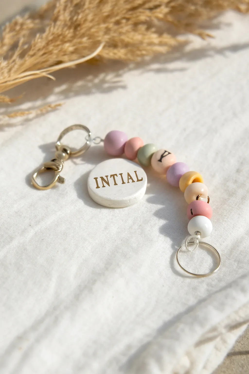 Soft pastel clay bead keychain with a bold initial bead and tiny charm in minimalist boho style