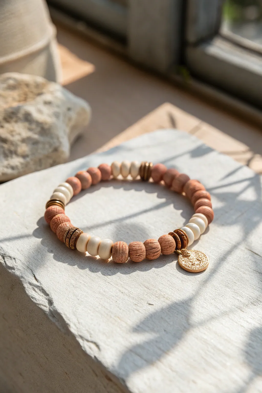 Minimal heishi disc bracelet with a few round beads and a tiny charm for subtle texture