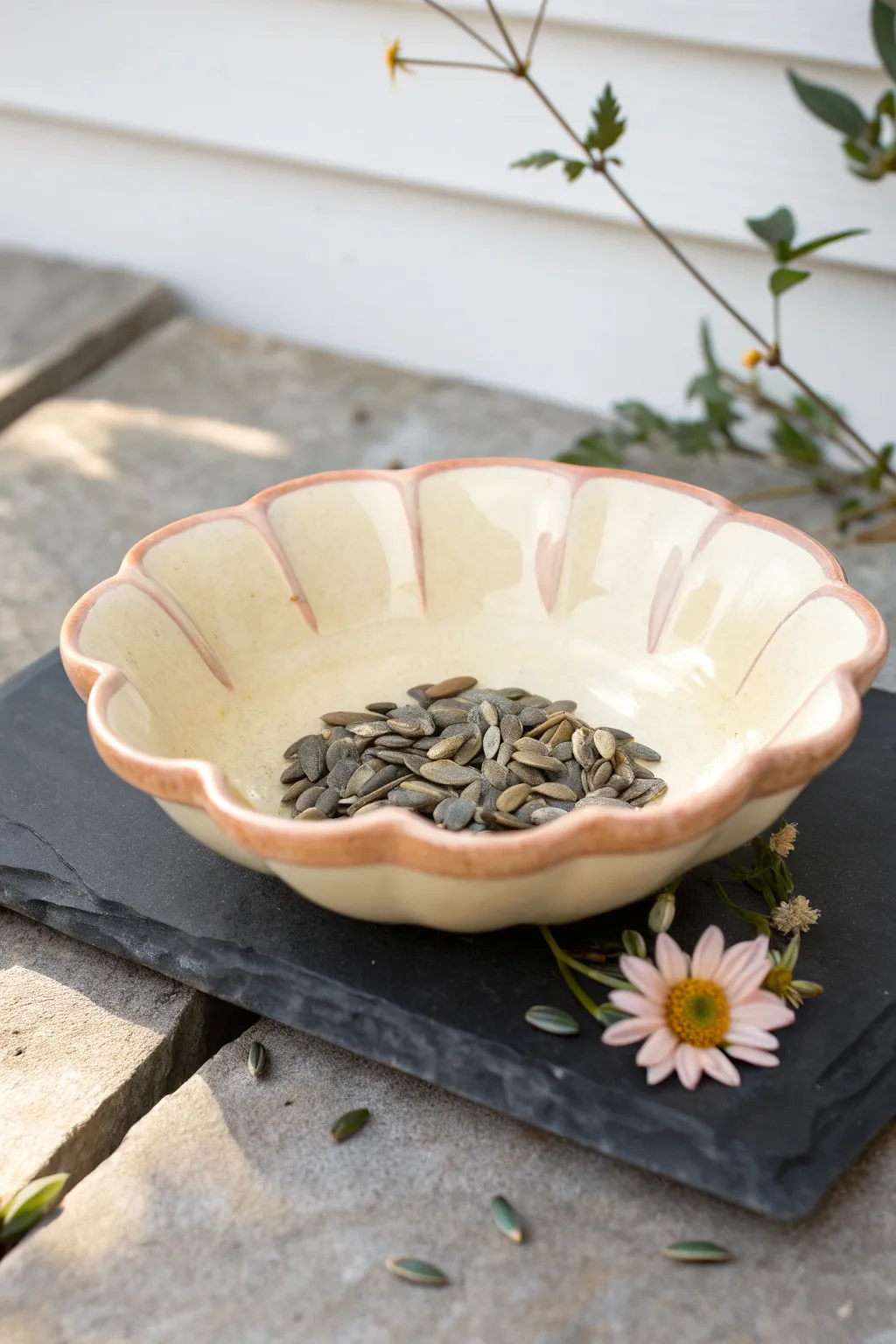 Bright flower-rim clay dish feeder with seeds, a simple handmade accent for any garden.